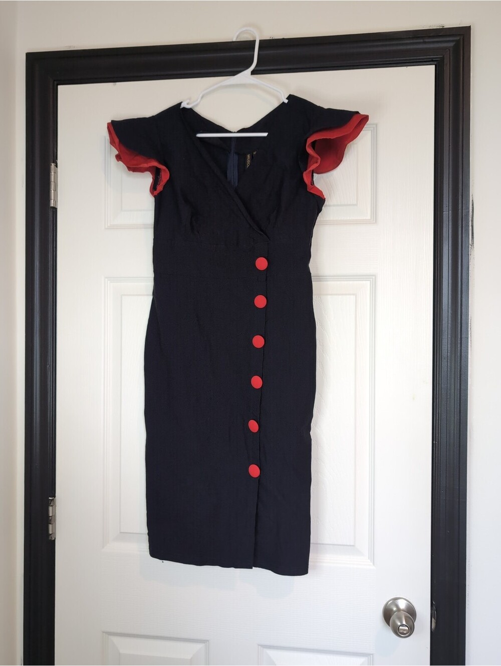 Large women's Navy Blue Red Button V-Neck Ruffle Sleeve Midi Dress